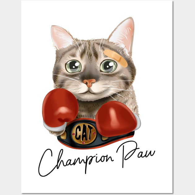 cat with boxing gloves and champion belt Wall Art by stark.shop